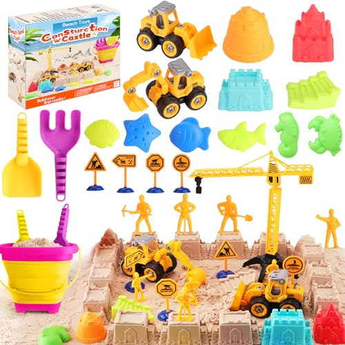 ZZLWAN Beach Toys for Kids Ages 4-8: Construction Sand Toys Set with Collapsible Beach Bucket, Castle Molds & Trucks, Durable Beach Sand Play Kit for Boys & Girls