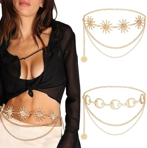 2 Stück Bauchkette Gold Wasserfest, Belly Chain, Körperkette Gold, Waist Chain, Damen Kettengürtel taillenkette, Goldene Taillenkette mit Sonnenblumen und Mond