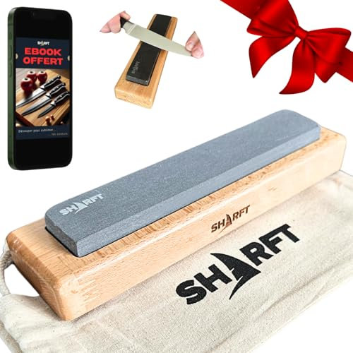 SHARFT, Pierre a aiguiser naturelle des Pyrénées 800/1000 + socle en bois. Pierre à aiguiser 2 grains 200mm. Affuteur de couteaux de cuisine, etc... Aiguiseur couteaux professionnel. MADE IN FRANCE.
