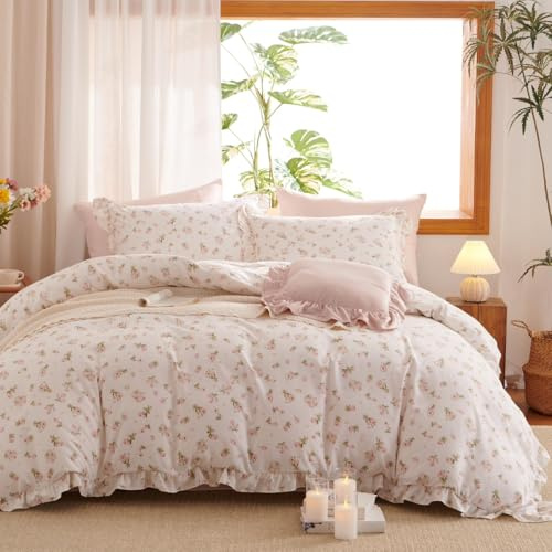 Lanqinglv Rüschen Bettwäsche 200x200 Rosa Blumen,Aesthetic Landhausstil
