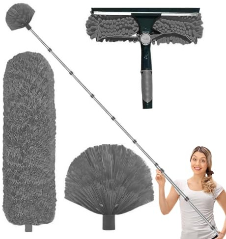 Extendable Duster - Microfiber Long Handle Cobweb Duster, High Spider Web Cleaner Microfiber, Ergonomic Dusting Supplies Ceiling Fan Brush for Shelf Lampshade Wall Cleaning