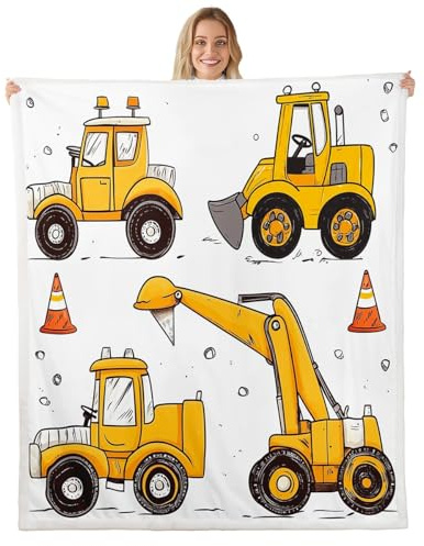Loussiesd Manta de forro polar con diseño de excavadora, doble de 60 x 79 pulgadas, para niños, camiones, tractores, cobija Sherpa para niños, niñas, adolescentes, vehículos de construcción, manta