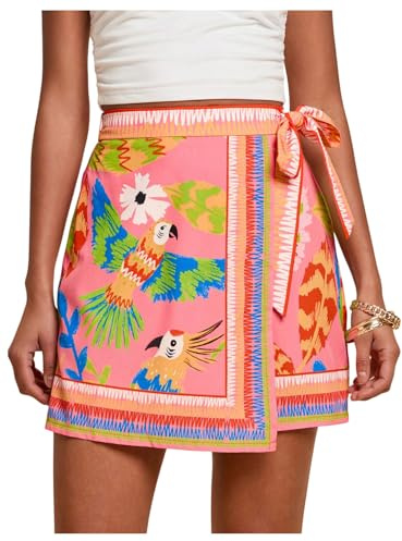MakeMeChic Women's Summer Boho Wrap Mini Skirt Beach Vacation Short Skirts Pink Bird Print Medium