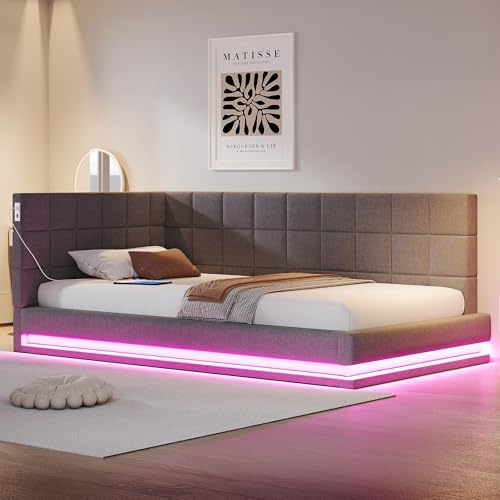 Polsterbett 90x200 mit LED und USB-Anschluss, Bettgestell mit Lattenrost | Tagesbett Schlafsofa Einzelbett Bettsofa Gästebett Jugendbett, Samt, ohne Matratze, Grau