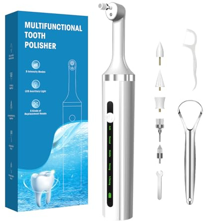 Plaque or Electric Tartar Polishing Teeth Kit with LED Light 5 Speed Modes with 5 Replacement Brush Heads (White)