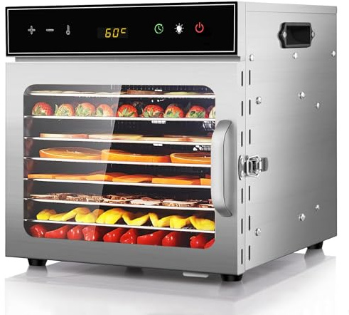 Dörrautomat Edelstahl mit Rezeptheft 8 Etagen, oiyocemo 500W Edelstahl Lebensmittel Dehydrator mit 360° Luftzirkulation, Große Kapazität für Fleisch, Obst, Gemüse, Kräuter