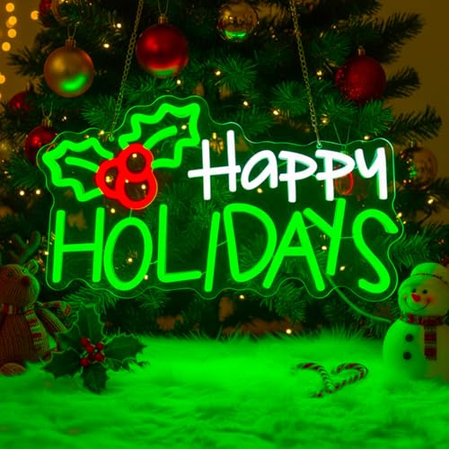 Lxmoneon Insegna al neon Happy Holidays, Insegne luminose Capodanno, Vacanza insegna al neon decorazioni per feste bacche agrifoglio luce al neon a LED per casa soggiorno bar negozio