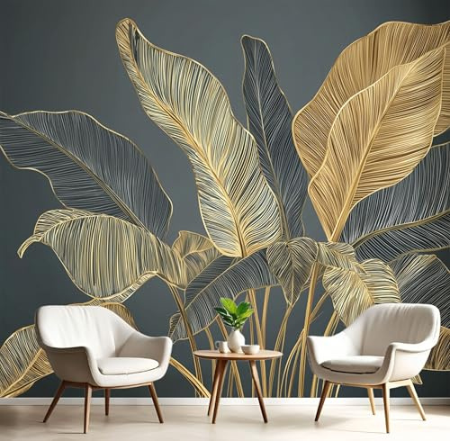 Carta Da Parati Fotografica 3D Effetto Foglie Banano Dorate,250×170cm Fotomurali Decorazione XL Poster Gigante Foglie Disegnate A Mano Design Carta,Fotomurali In Tessuto Non Tessuto TNT Grigio Scuro
