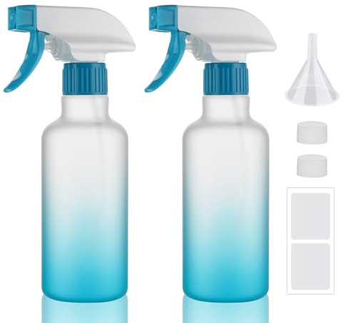 Hethyo Plastic Spray Bottles 12oz 2 Pack Adjustable Mist/Stream Spraying Heavy Duty Square Water Spray Bottles for Hair, Cleaning Solutions, Plants, Cooking，BBQ，Essential Oils, Blue, 12OZ