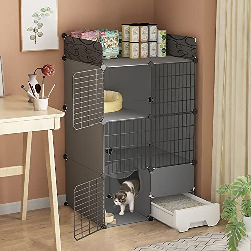 Großer Katzenkäfig Innen, Abnehmbares 2/3-stöckiges Katzengehege mit Katzentoilette, Metall Kleintierkäfig für Katzen & Welpen, DIY Kätzchen-Lebensraum, Extra geräumig 111x49x1cm