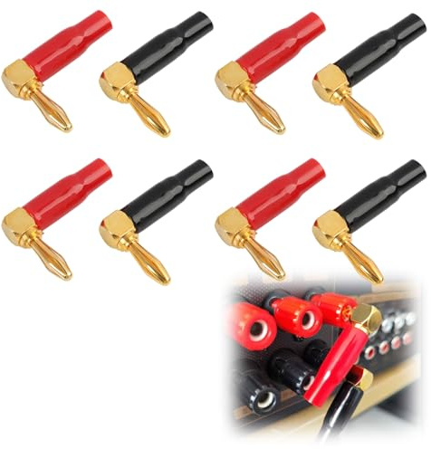 Tuwonwa 8 PCS 90 Degree Banana Plugs, Gold Plated 4mm Speaker Wire Connectors, Right Angle Audio Cable Adapter for Amplifiers, Home Theatre, Sound Systems, Receivers and Wall Plates