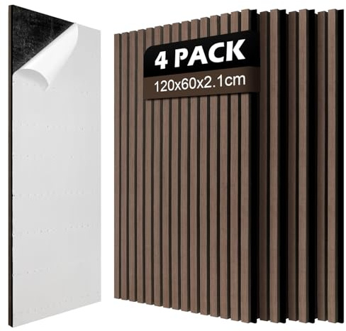 Jaxguom 4x Akustikpaneele Holz 120x60cm (2.88m²) Selbstklebend 3D Wandpaneele in Holzoptik für Schallschutz & Dekoration,Holzpaneele für Wohnzimmer,Büros,Studios,Zur Wandmontage,Walnuss
