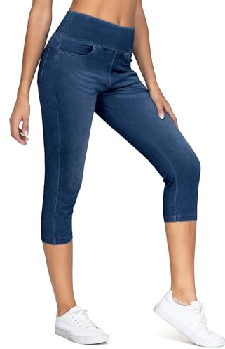 THE GYM PEOPLE Women's High Waisted Capri Jeggings Tummy Control Stretchy Pull on Jean Leggings with Pockets Dark Blue