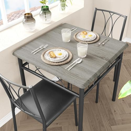 Salutmeuble 3-teiliges Tisch mit Stühlen, Esstisch Klein mit 2 Stühlen, Quadratischer Esstisch aus Metall und Holz mit 2 Gepolsterten Stühlen, Küchentisch für Kleine Räume,Grau+Schwarz