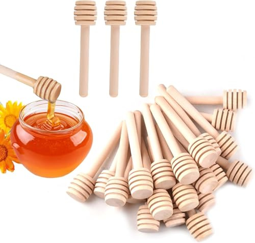JINGIHE 24pc Wooden Honey Dipper, Honey Spoon, Honey Stick, Natural Wood Stirrer for Honeys Jars Pots Tea Coffee Desserts Syrup Jam Wedding Favors Kitchen Daily Use (10.5cm)