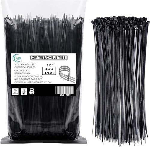 OPM Premium 12 Inch Black Zip Ties 100 Pack Heavy Duty with Tensile Strength 40LB. Nylon Cable Ties for Cable Management, Electrical & Garden Use. UV & Heat Resistant Self-Locking Griplock–Fasteners