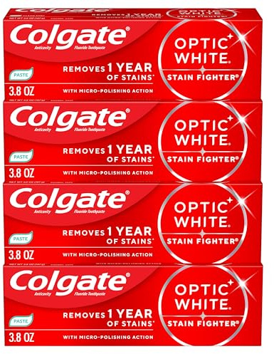 Colgate Optic White Stain Fighter Clean Mint Paste Teeth Whitening Toothpaste, 4 Pack, Anticavity Toothpaste with Fluoride, Enamel Safe Teeth Stain Remover, 3.8 OZ