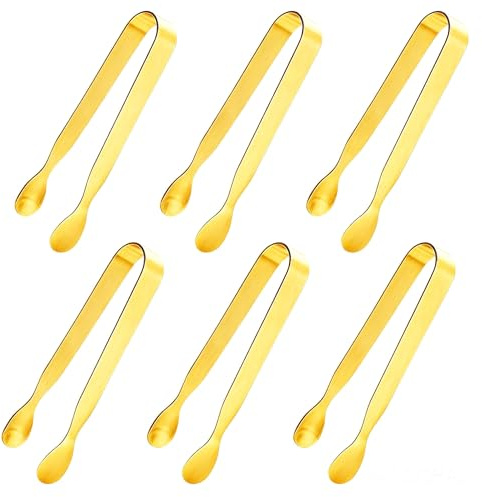 6PCS 4.3-Inch Ice Tongs Sugar Cubes Tongs, Mini Serving Tongs, Gold | Stainless Steel Appetizers Tongs, Sweet Tongs for Pick Mix, Small Kitchen Tongs for Tea Party Coffee Bar