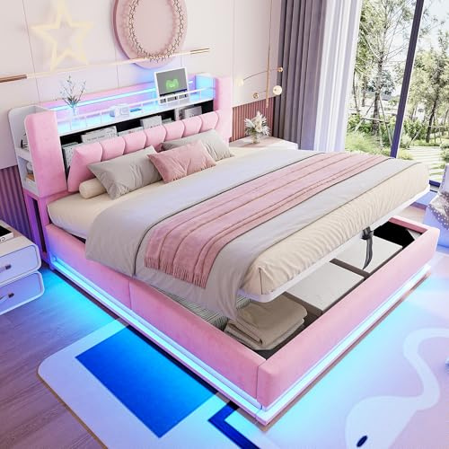 DUlVBPE Smart klädselsäng 180 x 200 cm med LED-belysning, USB- och hydrauliskt förvaringsutrymme, mjukt sammetsskydd och metallram rosa