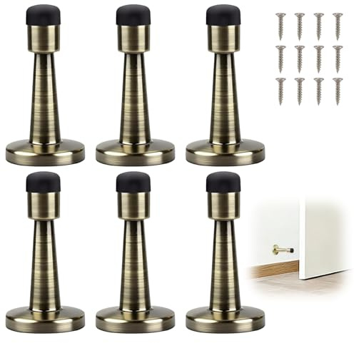 6PCS Antique Brass Door Stop Heavy Duty Zinc Alloy Door Stoppers with Rubber Tip Anti-Collision Skirting Boards Wall Mounted Door Stop for Indoor Home Hotel Office Use to Prevent Door and Wall Damage