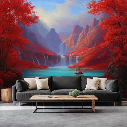 Fotomurales Tejido No Tejido 250 x 175 cm - Papel Pintado Fotográfico Fantasía Montañas Cascadas Bosques Murales Rojo Póster para Niños Juvenil Salón Dormitorio Decoración Del Hogar