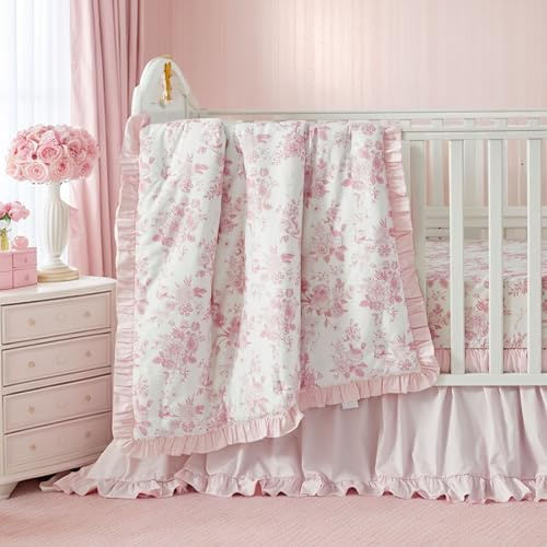 Brandream French Country Toile Crib Bedding Set for Girls Vintage Pink Grandmillennial Toile Floral Print 100% Cotton Baby Girl Nursery Bedding - Ruffles Quilt,Toile Crib Sheet,Crib Bed Skirt,3 Pieces
