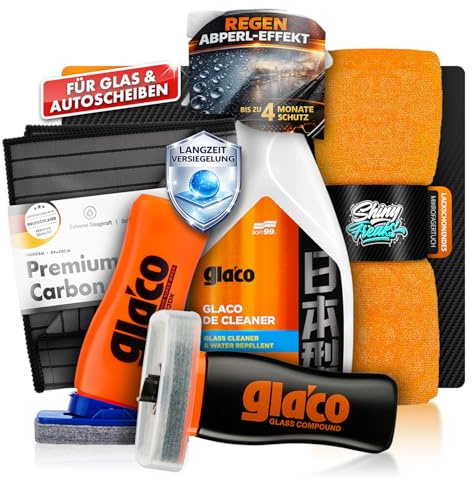 Soft99 Glaco De Cleaner 500ml Glass Compound Roll On 100ml DX 110ml Set | Mit Carbon Fiber Glastuch & Mikrofasertuch – reinigen, polieren und versiegeln für ein klares Scheiben-Finish - 5-teilig