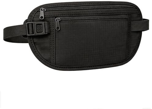 Ultralight RFID Money Belt Blocking Travel Adjustable Elastic Strap Travel Wallet Hidden Security Waist Pouch with 5 Multi Pockets 3 RFID Card Protector Sleeves for Cash Passport Phones Black