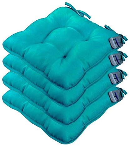 GC Set of 4 Seat Cushions With Ties Luxurious Padded Quilted Seat Cushions For Indoor Outdoor Garden Patio Kitchen & Office Chairs (Teal)