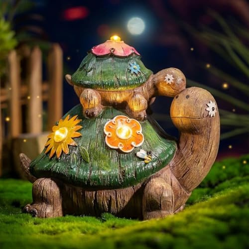 TERESA'S COLLECTIONS Gartendeko für Draußen Schildkröten Mutter und Baby Gartenfiguren Wasserfest Solar Gartenbeleuchtung Gartendeko aus Kunstharz 17cm Balkon Hof Mutter