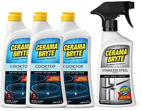 Cerama Bryte Stainless Steel Appliance Cleaner & Removes Tough Stains Cooktop and Stove Top Cleaner for Glass - Ceramic Surfaces, 16 & 18 Ounces, 3-18 Ounces + 1-16 Ounce