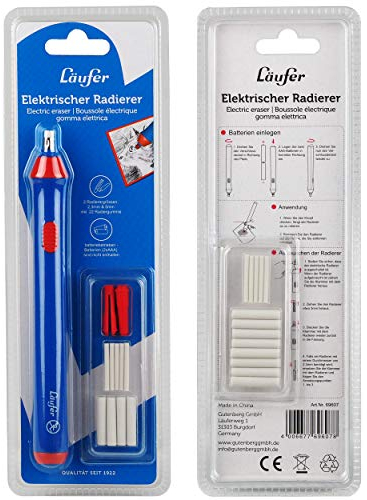 Läufer 69607 Elektrischer Radiergummi, batteriebetriebener Radierstift, wechselbare Aufsätze mit 2 Größen, inkl. 23 Radierer
