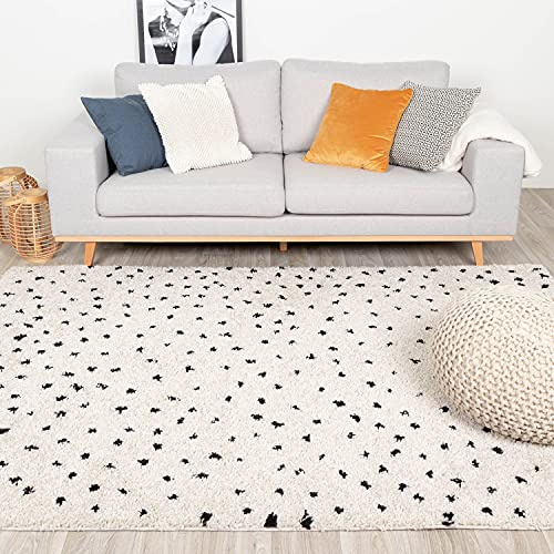 FRAAI | Home & Living Teppich Hochflor - Grand Dots Creme Schwarz - Punkte - Modern, Skandinavisch - Wohnzimmer, Esszimmer, Schlafzimmer - Fellteppich - Carpet