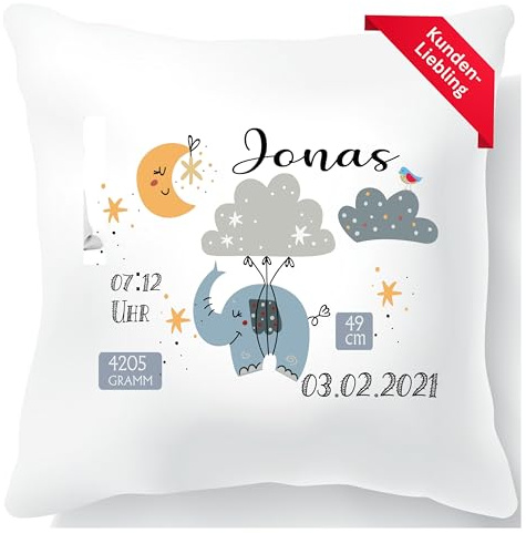 Zarto Geschenke zur Geburt Junge - Personalisierte Geschenke Baby – Geburtskissen Baby personalisiert - Babygeschenk Kissen mit Namen & Geburtsdaten