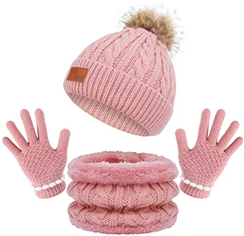 TAGVO Warm Knitted Beanie Hat Scarf Set for Kids, Winter Thicken Fleece Thermal Knitted Hat Neck Warmer Set,for Kids children Boys Girls, Winter Accessories Sets
