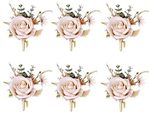 Ansofi Boutonniere Set of 6 Champagne Gold Groom Boutonniere for Men Wedding Ceremony Anniversary Formal Dinner Party Prom Suit Decorations