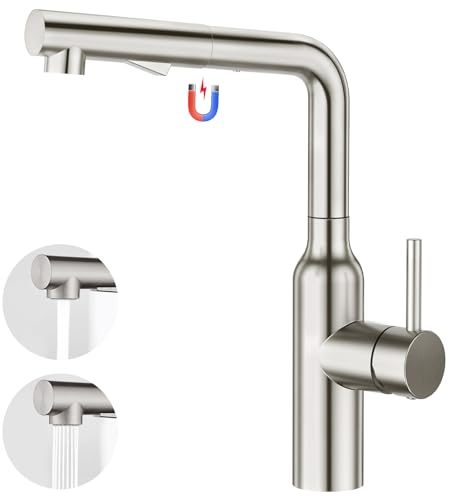 CREA Küchenarmatur mit 2 Wasserstrahlarten Brause ausziehbar, Einhebelmischer Hochdruck Armatur Wasserhahn Spültischarmatur Spülenarmatur Küche 360° Drehbar aus Edelstahl gebürstet matt