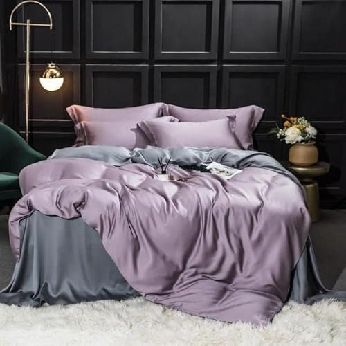 VIRUL Ensemble de literie en Soie Bleu foncé Ensemble de Housse de Couette en Soie Drap Plat Linge de lit Taie d'oreiller
