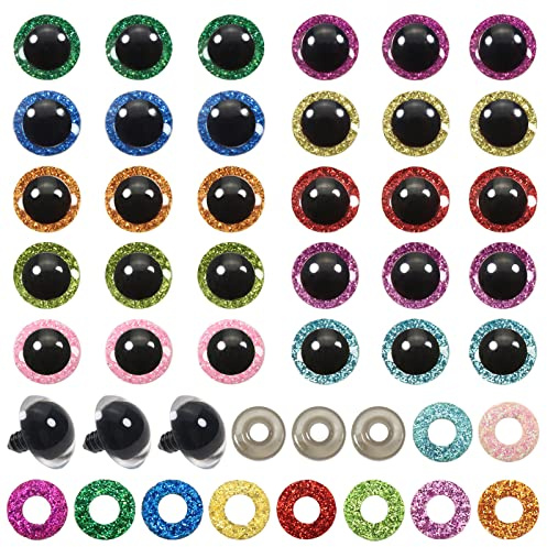 TOAOB 60 stycken 20 mm säkerhetsögon, dockögon, djurögon, plast, pyssel, ögon, glitter, färgglada ögon med brickor för virkade djur, marionett, docktillverkning
