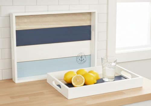 2er Tablett Set Maritim Holztablett Dekotablett Serviertablett Holz Anker 40x30cm + 35x24cm - blau Weiss Natur (Maritim Set)
