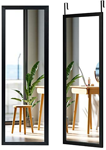 HOMASIS 2 in 1 Wandspiegel & Türspiegel, Ganzkörperspiegel 120x37cm, HD-Spiegel mit 2 Haken & Holzrahmen, Garderobenspiegel höhenverstellbar, Badspiegel für Schlafzimmer, Wohnzimmer & Flur (Schwarz)