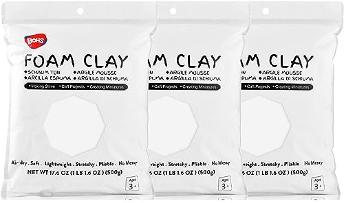 BOHS White Foam Clay,3pcs 3.3 Lbs - Squishy,Soft, Air Dry -for School Project,Cosplay,Fake Bake, Slime Supplies