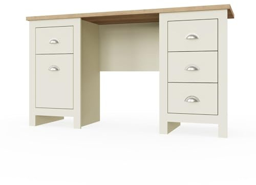 Timber Art Design UK Lisbon Cream Double Pedestal Study Desk, Laptop Computer Desk with 4 Drawers with Cupboard Modern Storage Organizer Unit for Bedroom Hallway Living Room Office - 40Dx135Wx75H cm
