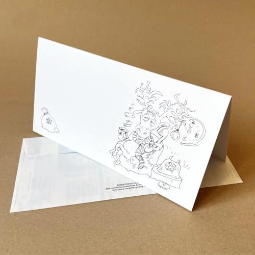 10 Recycling-Weihnachtskarten mit Direktrecyclingumschlägen DL, Jurij Didenko: entspannter Rudolf, Klappkarten Querformat 10,5 x 21 cm