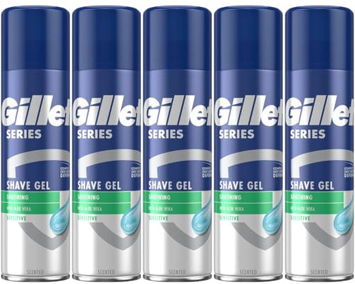 Gillette Men Shaving Gel Sensitive Skin Soothing Aloe Vera 200ml Pack of 5 Original Scent Clean Shave Foaming Lather Face Body with Welari Thank You Card | (5pack) (1000ml)