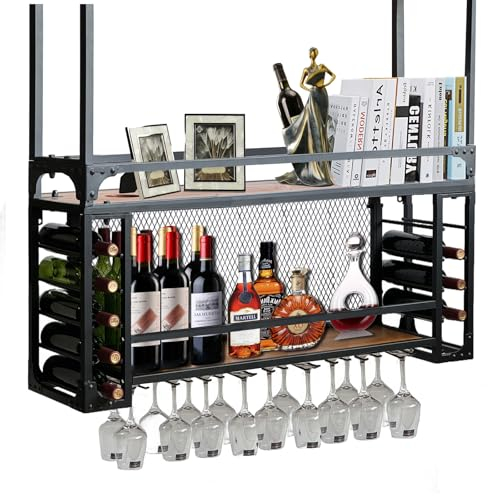 Ceiling Wine Rack, Metal Hanging Wine Glass Rack and Glass Holder, 2 Layer Industrial Home Bar Decoration Wine Storage Rack, Black (100x30x55cm)