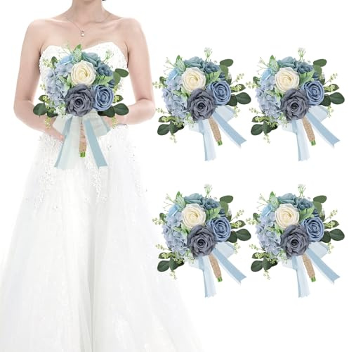 HOMENERGY Set of 4 Bridesmaid Bouquets for Wedding - Artificial Flowers Bouquets for Bridesmaids Small Floral Ceremony Anniversary Centerpieces Decorations - Dusty Blue and White，7 Inch