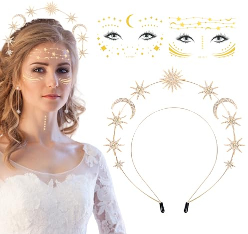 Haarreif Sonne Mond Stern,Sonne Krone Sterne Kristall Stirnband mit 2 Sonne Gesichtstattoo Glitzer, Haarreif Sonne Gold für Fasching Karneval Halloween Musikfestival Party