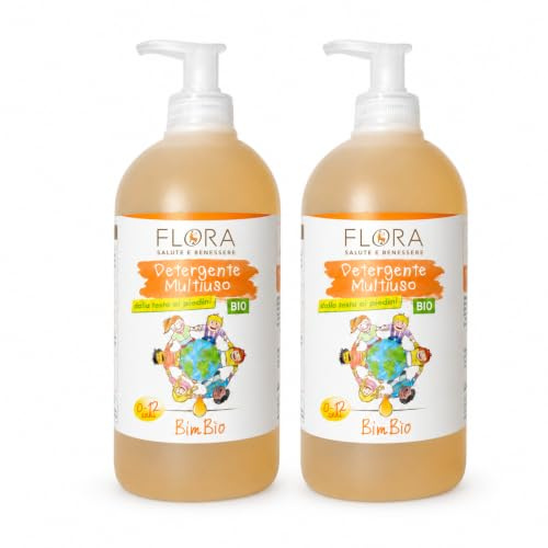 FLORA Detergente Multiuso BimBìo, pack da 2 da 500 ml, BDIH-CODEX-DEMETER-COSMOS-BIO Sapone Delicato Mani • Corpo • Capelli per Bambini e Adulti, 5 Oli Essenziali Agrumati, Dermatologicamente Testato