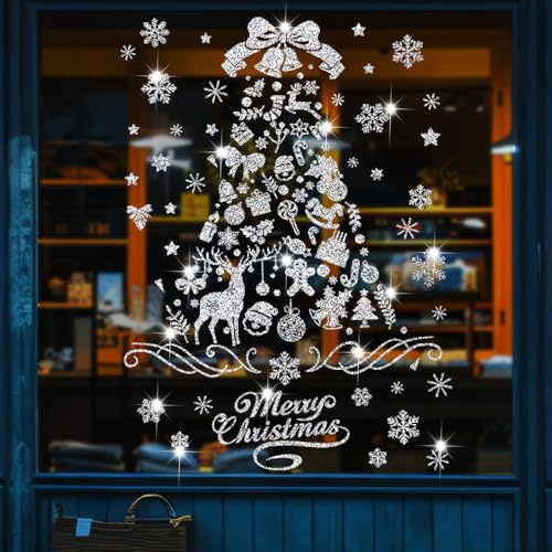 Topcosplay Fensterbilder Weihnachten Selbstklebend, Silber Blond Weihnachtsbaum-Fensteraufkleber für Glas, Fensterdeko Weihnachten Wiederverwendbar, Weihnachten deko (Silber)